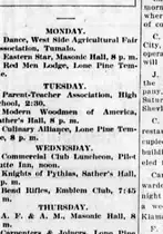A newspaper calendar of the week's meetings, including a Wednesday entry reading “Bend Rifles, Emblem Club, 7:45 p.m.”