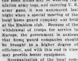 A newspaper column reporting a special meeting of the local home guard company held at the Emblem club about the provision of regulation army equipment.