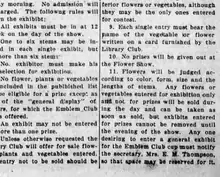 A newspaper column listing numbered flower show rules, the fourth reserving the Emblem Club cup for the general display of flowers.