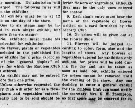 A newspaper column listing numbered flower show rules, the fourth reserving the Emblem Club cup for the general display of flowers.
