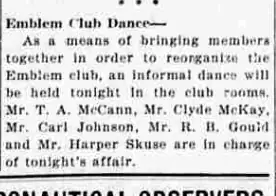 A short newspaper item headed “Emblem Club Dance”, saying an informal dance will be held to bring members together to reorganize the club, and naming the five men in charge.