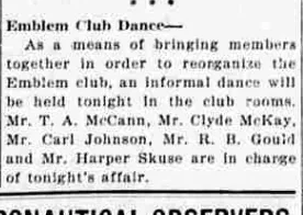 A short newspaper item headed “Emblem Club Dance”, saying an informal dance will be held to bring members together to reorganize the club, and naming the five men in charge.