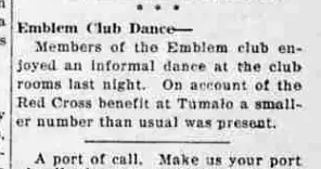A short newspaper item reporting that members of the Emblem club enjoyed an informal dance at the club rooms, with a smaller number than usual present.