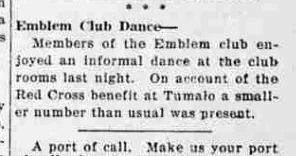 A short newspaper item reporting that members of the Emblem club enjoyed an informal dance at the club rooms, with a smaller number than usual present.