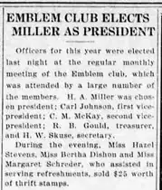 The newspaper report headed Emblem Club Elects Miller as President, including the sale of thrift stamps.
