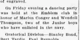 A short newspaper item reporting that a dancing party was held at the Emblem club in honour of two junior boys who had enlisted in the navy.