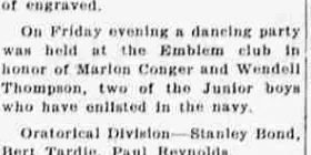 A short newspaper item reporting that a dancing party was held at the Emblem club in honour of two junior boys who had enlisted in the navy.