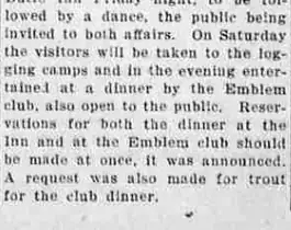A newspaper column reporting arrangements for the state bankers' visit, including a dinner given by the Emblem club open to the public and a request for trout for the club dinner.