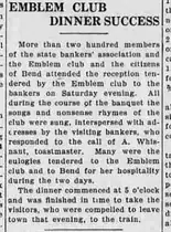 A newspaper column headed “Emblem Club Dinner Success”, reporting that more than two hundred people attended the club's reception for the state bankers' association.