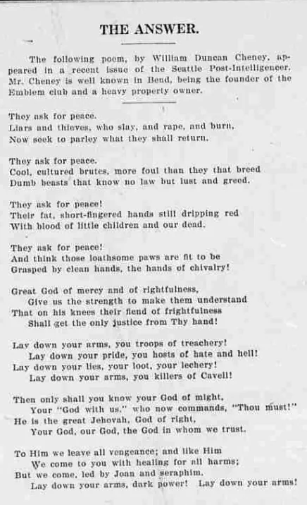 A newspaper column printing a poem headed “The Answer” by William Duncan Cheney, introduced as the founder of the Emblem club.