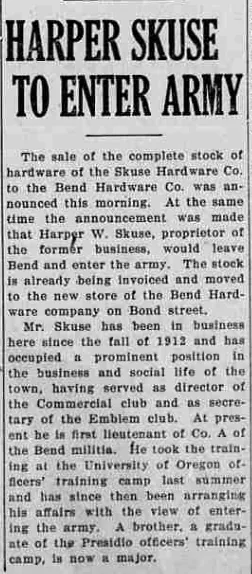 A newspaper column headed “Harper Skuse To Enter Army”, reporting the sale of his hardware business and noting that he had served as secretary of the Emblem club.
