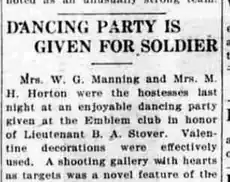 A short newspaper item headed “Dancing Party Is Given For Soldier”, reporting a party at the Emblem club with Valentine decorations and a shooting gallery with hearts as targets.