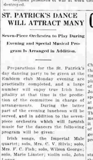 A newspaper column headed “St. Patrick's Dance Will Attract Many”, describing a dancing party at the Emblem club with a seven-piece orchestra and a musical programme.