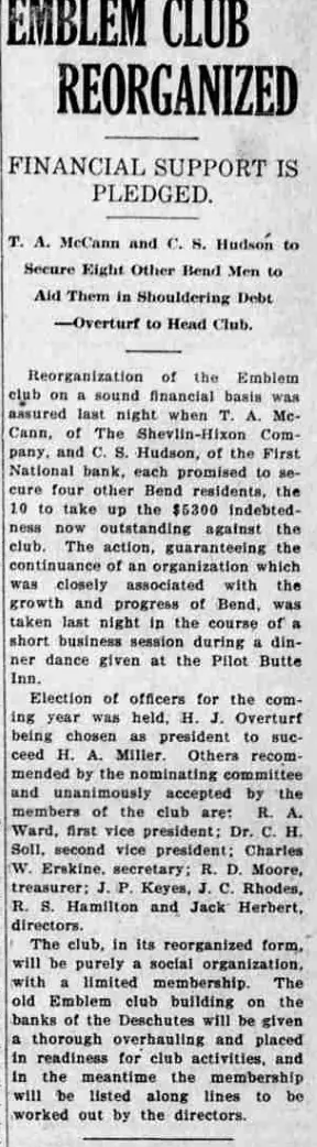 A newspaper column headed “Emblem Club Reorganized — Financial Support Is Pledged”, reporting that ten men would take up the club's $5,300 debt and listing the officers elected.