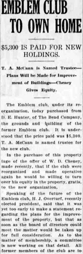 A newspaper column headed “Emblem Club To Own Home — $5,300 Is Paid For New Holdings”, reporting the purchase from D. E. Hunter, T. A. McCann named trustee, and W. D. Cheney turning over his equity.