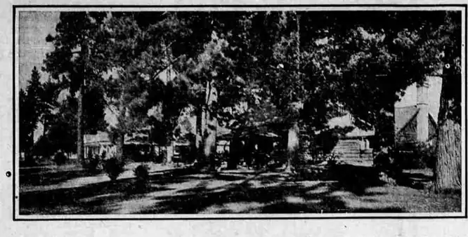 A grainy newspaper photograph of a low building set among tall pine trees, with vehicles parked on the grass in front.