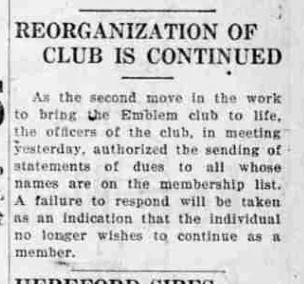 A newspaper column headed “Reorganization of Club Is Continued”, reporting that officers authorised sending statements of dues to everyone on the membership list.
