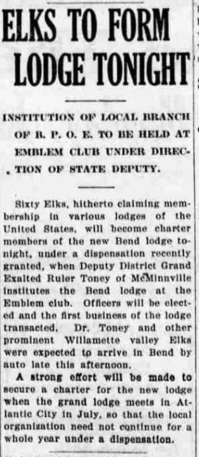 A newspaper column headed “Elks To Form Lodge Tonight”, reporting that the institution of the local branch of the B.P.O.E. would be held at the Emblem club.