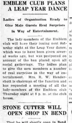 A newspaper column headed “Emblem Club Plans a Leap Year Dance”, reporting that the lady-members of the Emblem club will entertain the men members, with Mrs. R. W. Hendershott as chairman.