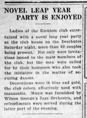 A newspaper column headed “Novel Leap Year Party Is Enjoyed”, reporting more than sixty couples at the Emblem club house and decorations in blue and gold, the club colors.