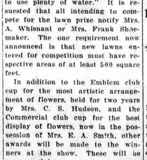 A newspaper column announcing a lawn competition and reporting that the Emblem club cup is held by Mrs. C. S. Hudson and the Commercial club cup by Mrs. E. A. Smith.