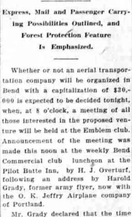 A newspaper column reporting that a meeting on organising an aerial transportation company for Bend, capitalised at thirty thousand dollars, would be held at the Emblem club.