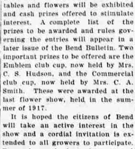 A newspaper paragraph announcing the revived flower show and noting that the Emblem club cup is held by Mrs. C. S. Hudson and the Commercial club cup by Mrs. C. A. Smith, both awarded at the last show in the summer of 1917.