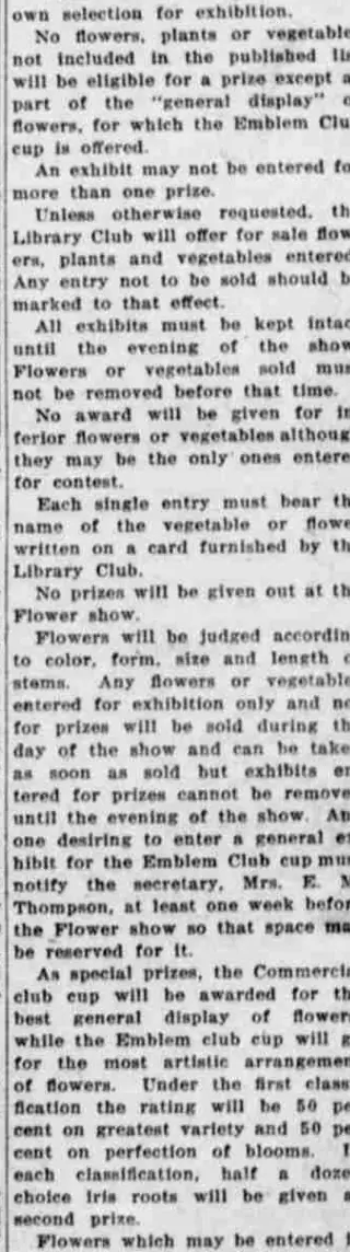 A column of show rules stating that the Emblem Club cup is offered for the "general display" of flowers and, further down, that it will go for the most artistic arrangement.