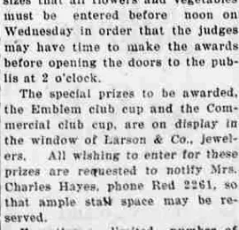 A newspaper column reporting that the Emblem club cup and Commercial club cup were on display in the window of Larson & Co., jewellers.