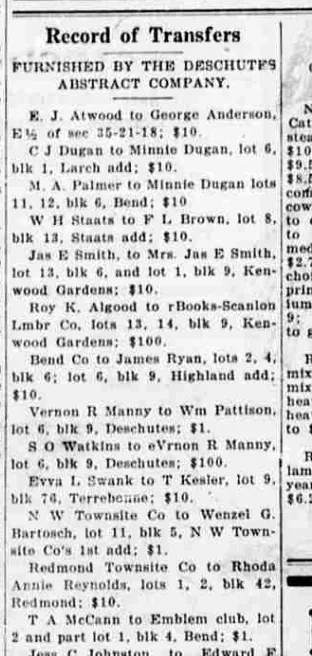 A newspaper column headed Record of Transfers, listing a conveyance from T A McCann to the Emblem club of lot 2 and part of lot 1, block 4, Bend, for one dollar.