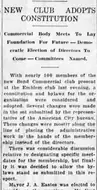A newspaper column headed “New Club Adopts Constitution”, reporting that nearly 100 members met at the Emblem club to adopt a constitution and bylaws.