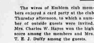 A short newspaper item reporting a card party by the wives of Emblem club members, with the high score won among the members by Mrs. Charles W. Hayes.