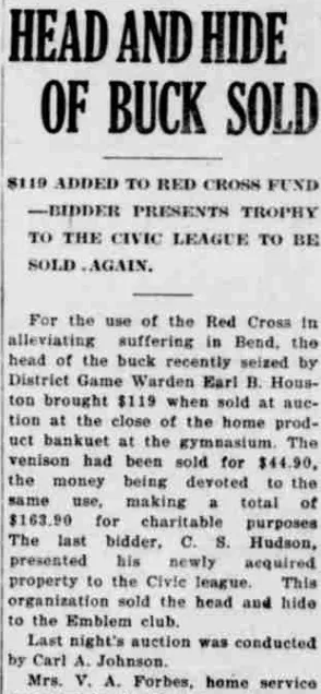 A newspaper column headed “Head And Hide Of Buck Sold”, reporting a charity auction after which the Civic League sold the head and hide to the Emblem club.