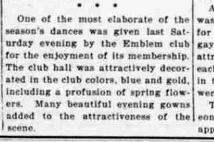 A newspaper item reporting an elaborate Emblem club dance with the club hall decorated in the club colors, blue and gold.