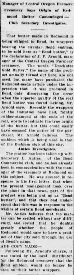 A newspaper column reporting that butter made in Redmond was shipped to Bend in wrappers bearing the circular Bend emblem, and that the emblem used was that of the Emblem club.