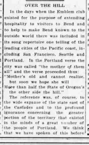 A newspaper editorial headed “Over the Hill”, quoting four lines from the Emblem club's song repertoire about Portland and the state east of the Cascades.