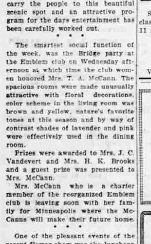 A newspaper society column reporting a bridge party at the Emblem club honouring Mrs. T. A. McCann, and calling her a charter member of the reorganized Emblem club.