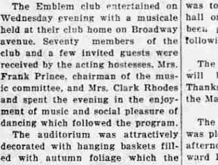 A newspaper item reporting an Emblem club musicale attended by seventy members, received by Mrs. Frank Prince, chairman of the music committee.