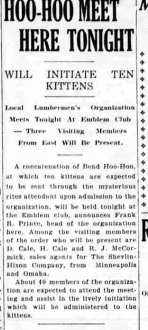 A newspaper column headed “Hoo Hoo Meet Here Tonight — Will Initiate Ten Kittens”, reporting that the local lumbermen's organization would hold a concatenation at the Emblem club.