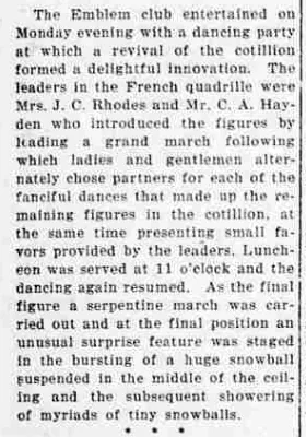 A newspaper column reporting an Emblem club dancing party with a revived cotillion, a French quadrille led by Mrs. J. C. Rhodes and Mr. C. A. Hayden, and a snowball burst from the ceiling.