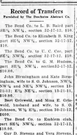 A newspaper column headed “Record of Transfers, Furnished by The Deschutes Abstract Co.”, listing conveyances from The Bend Co. including one to the Emblem club.