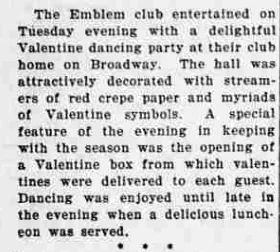 A newspaper column reporting the Emblem club's Valentine dancing party at their club home on Broadway, with red crepe paper streamers and a Valentine box.