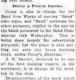 A newspaper paragraph headed “Device a Proven Success”, reporting that the Bend Iron Works was casting Bend auto signs and Bend emblems similar to the one on the block presented to the Bend Commercial club.