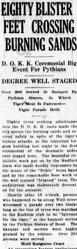 A newspaper column headed “Eighty Blister Feet Crossing Burning Sands”, reporting a Knights of Khorassan ceremonial in which tyros were marched to the Emblem club for a banquet at which over two hundred were served.