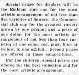 A newspaper column listing special prizes for displays, including the Emblem club cup for the most artistic arrangement of not less than five varieties of flowers.