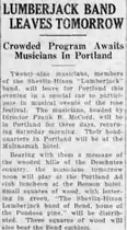 Newspaper heading Lumberjack Band Leaves Tomorrow and the opening paragraphs describing wooden souvenirs.