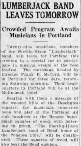 Newspaper heading Lumberjack Band Leaves Tomorrow and the opening paragraphs describing wooden souvenirs.
