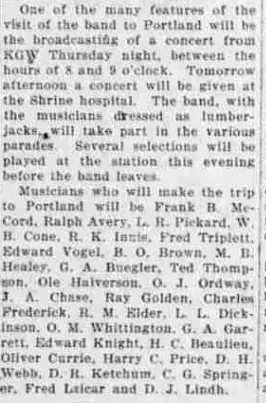 The continuation lists a KGW broadcast, a hospital visit and the band members.
