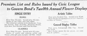 A newspaper prize list for the Civic League's annual flower display, giving first prize in Artistic Tables as the Emblem Cup.