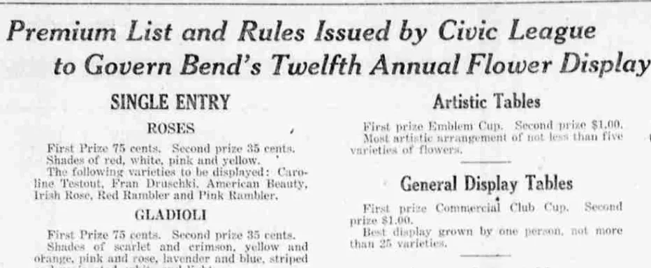 A newspaper prize list for the Civic League's annual flower display, giving first prize in Artistic Tables as the Emblem Cup.